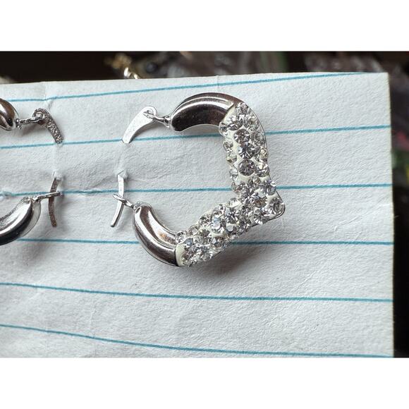 925 Sterling Silver Crystal Hoop Earrings Heart Pattern - Picture 3 of 9